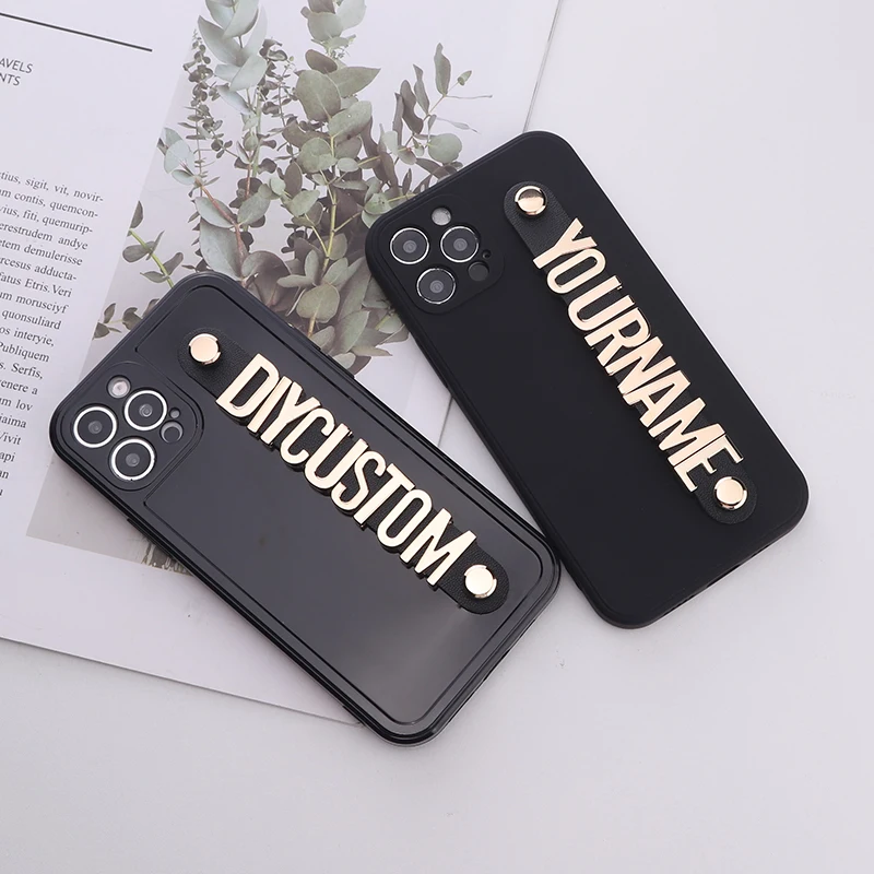 Custom Your Name Electroplate Square Frame iPhone 14 14ProMax 14Plus 13Pro Personalized Holding Strap Metal Letter Phone Bumper