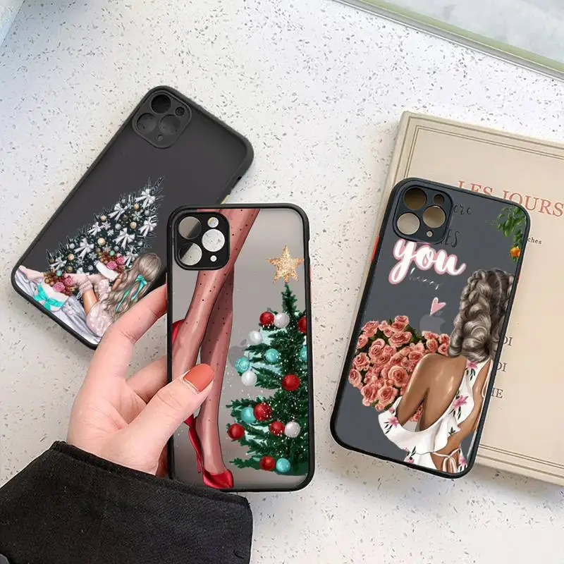 

Merry Christmas Brown Hair Girl Phone Case For iphone 12 11 7 8 plus mini x xs xr pro max matte transparent cover