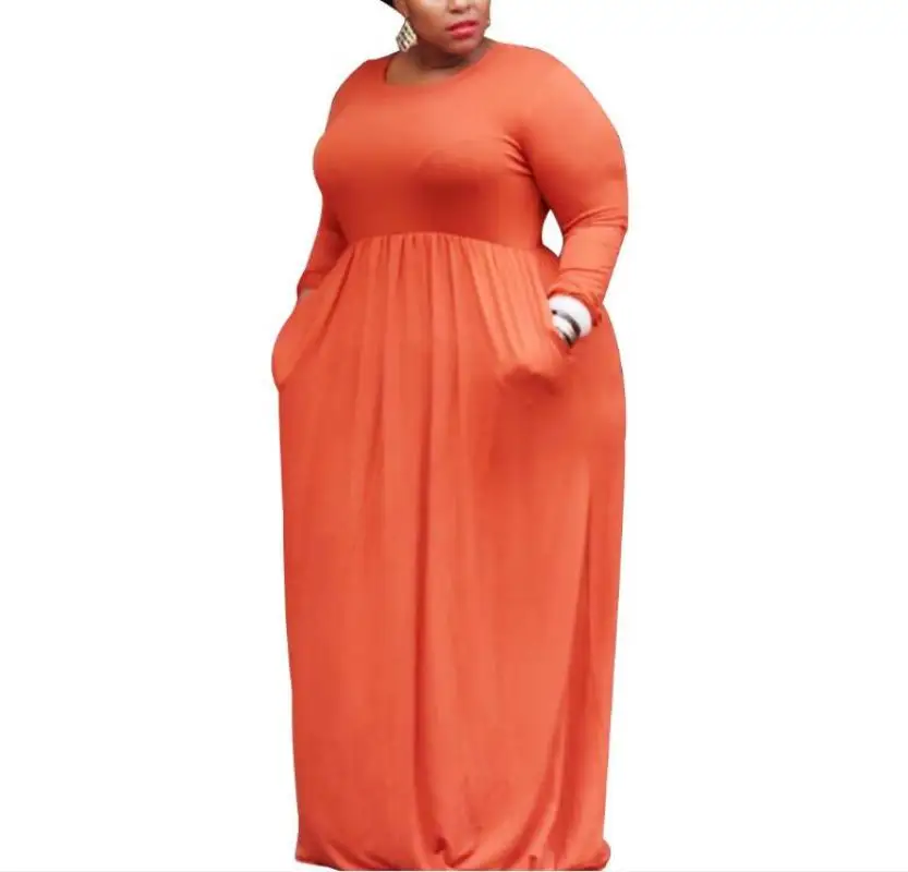 

Women Long Sleeve Maxi Dress Large Size Pleated O Neck Solid Color Dress