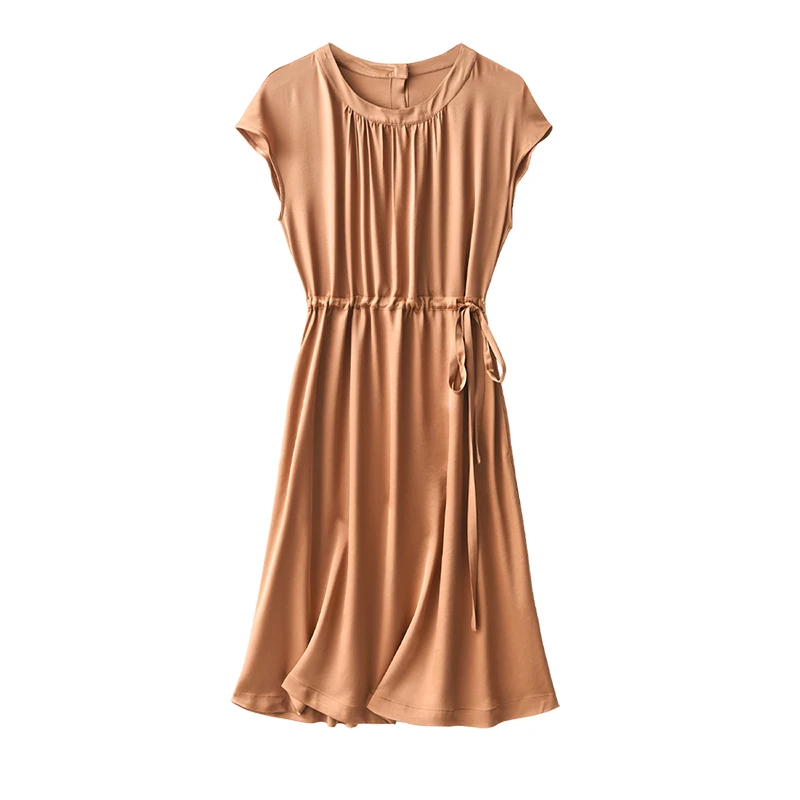 

SHUCHAN High Street Acetate Lanon Women Dresses Summer 2021 Knee-Length Sashes Raglan Sleeve O-Neck Fashion