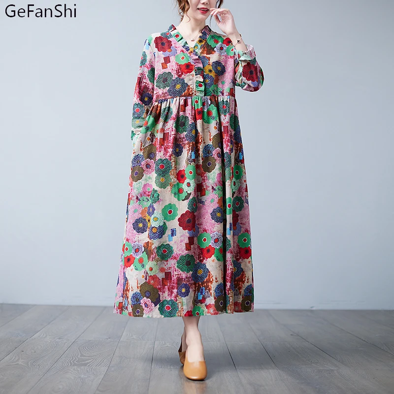 

Женское винтажное платье из хлопка и льна, свободное Повседневное платье до середины икры с V-образным вырезом и принтом, элегантные платья ...