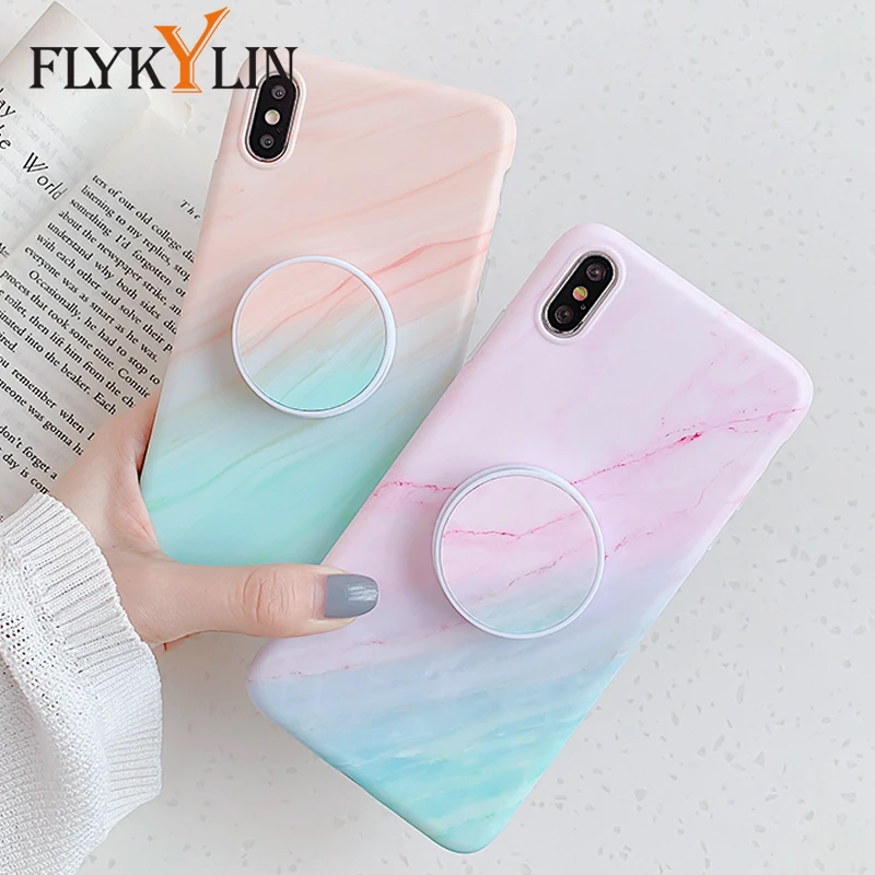 FLYKYLIN милый розовый мраморный чехол для iphone XS Max XR X 6 S 6 S 7 8 Plus задняя крышка на мягкой IMD силиконовой матовой Coque держатель стенд