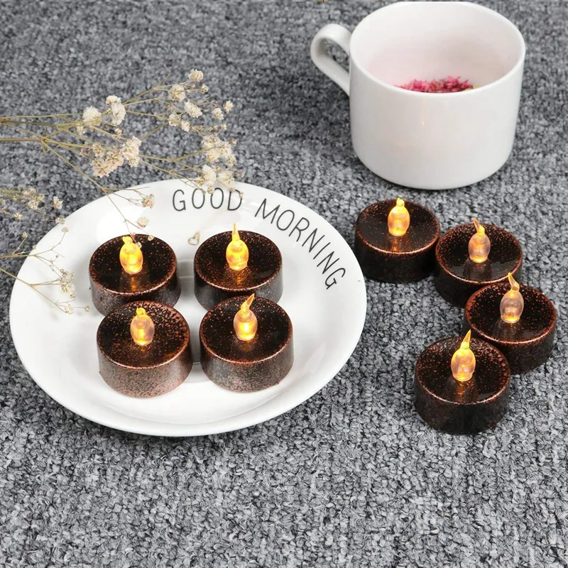 

12 PCS Copper Black LED Tealights Yellow Flickering Battery Operated Flameless Candles Lights Flickering Amber for Festival Hall