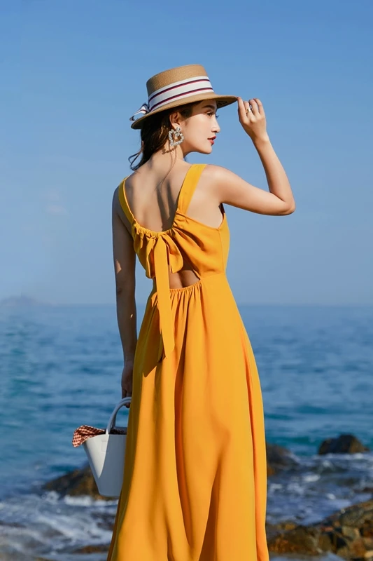 

Dress Beach Skirt 2021 New Seaside Holiday Dress Open Back Suspender Dress Summer