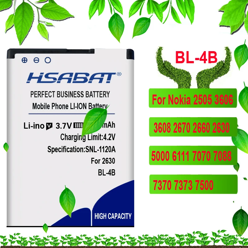 HSABAT Батарея для Nokia BL-4B BL-4D BL-4C BL-4CT BL-4U BL-5B BL-5BT BL-5C BL-5CT BL-5J BP-5M BP-6X BL-6Q BLC-2 BLD-3 BLB-2