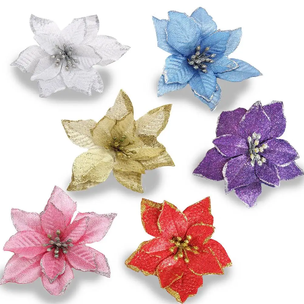 8 шт. искусственные цветы для украшения блестки Poinsettia поддельные DIY домашние