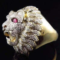 hip hop lion head skull ring for men gold color natural red crystal rings wedding engagement band punk jewelry size 6 13