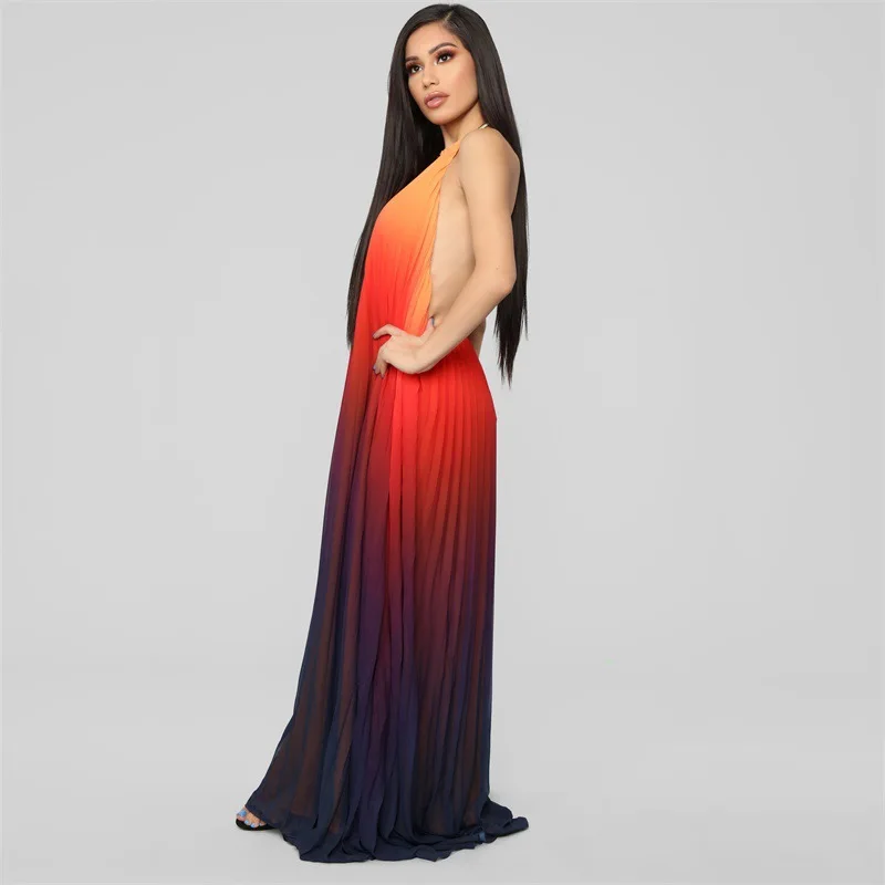 

Gradient Color Chiffon Women Dress 2021 New Summer Halter Sleeveless Dresses for Women Floor-length Female Beach Holiday Outfits