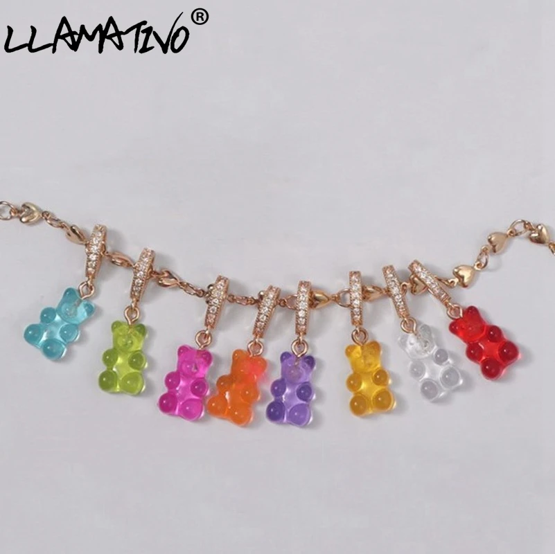 

Transparent Candy Color Cartoon Zircon Bear Choker Necklace For Women Girls Kpop Cute Gummy Bear Charm Necklaces Collar Jewelry