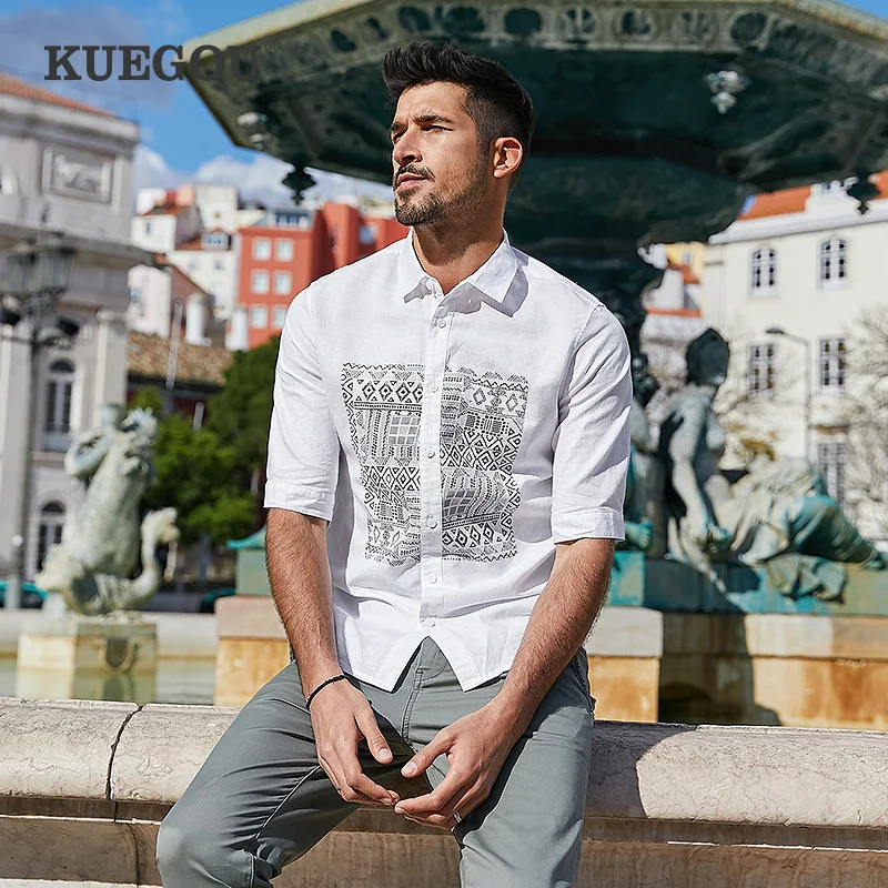 Рубашка KUEGOU мужская с принтом 100% хлопок короткий рукав модная удобная блуза