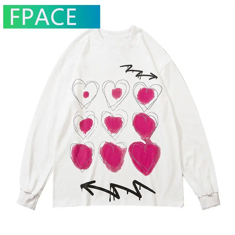 

FPACE Tshirts Streetwear Hip Hop Graffiti Hearts Print Long Sleeve Tees Shirts Men Harajuku Casual Cotton Loose T-Shirt Tops
