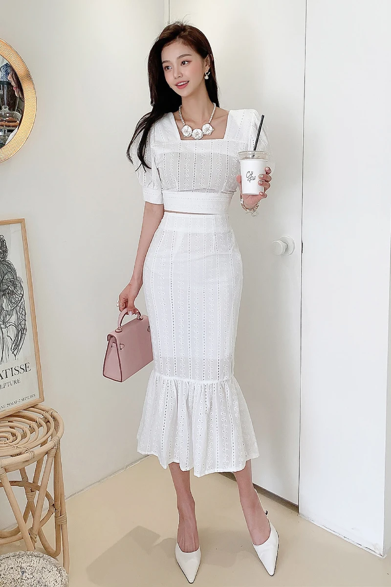 

New Arrival White Women's 2021 Summer Vintage Work Wear Set Puff Sleeve Crop Top And Mid-Calf Sheath Mermaid Bodycon Skirts