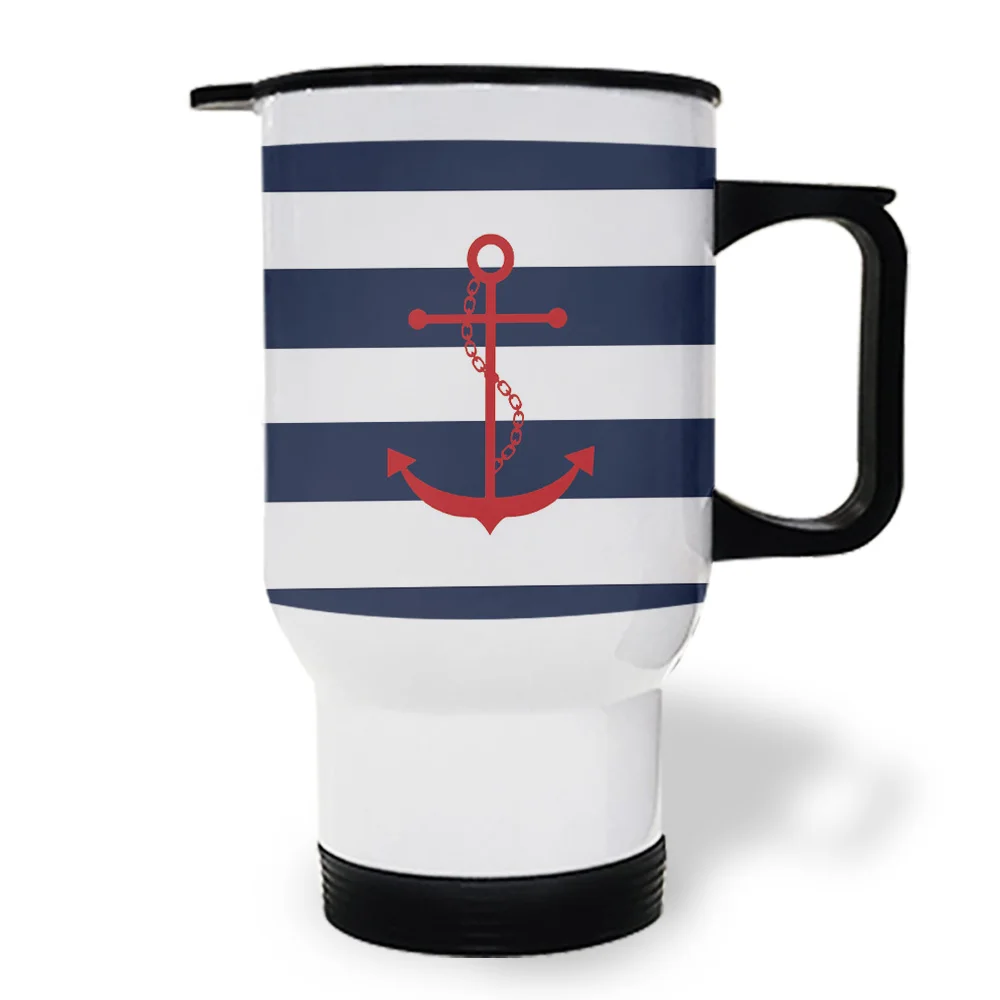 Простые сине-белые полосы якорь Дорожные Кружки для женщин ручка с двойными