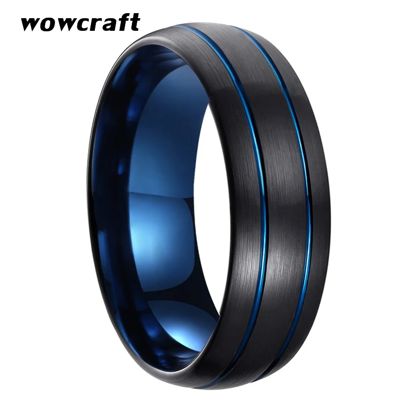 

8mm Womens Mens Black Blue Tungsten Carbide Ring Wedding Band Double Grooved Brushed Finish Comfort Fit