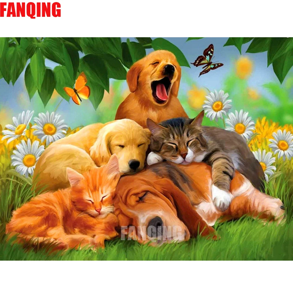 

Full Square Drill Diamond Embroidery Sleepy Cat and Dog Rhinestone Handicraft Diamond Painting Animal Needlework Home Decor