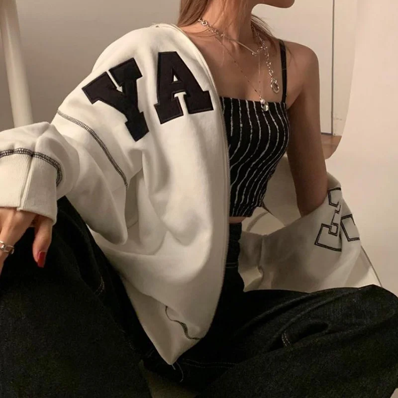 

Women 2021 Spring Autumn Long Sleeved Zip-up Letter Printing Hoodies Cardigan Oversized Loose Pocket Design Casual Sweatshirts