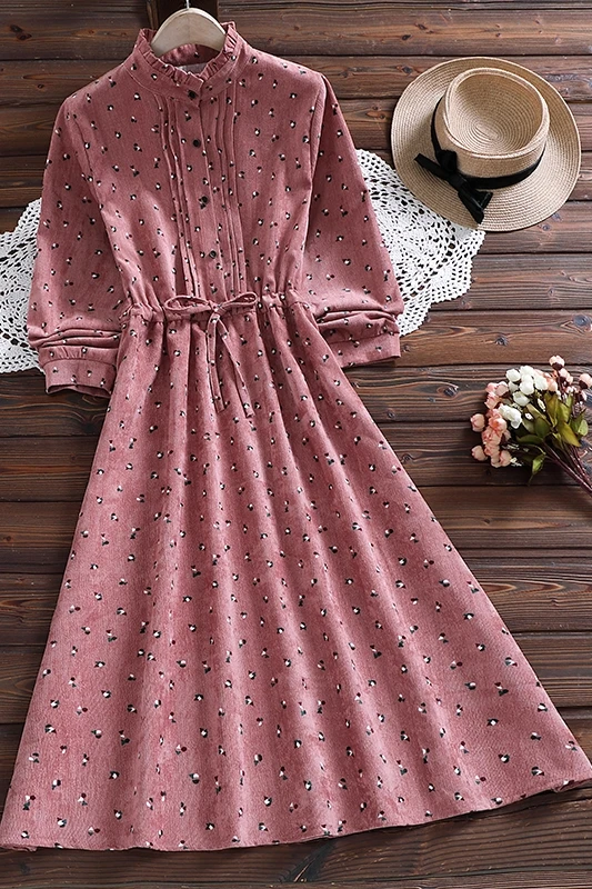 

2020 Autumn New Mori Girl Vintage Small Floral Corduroy Waist Slimming Anti-Aging Mid-Length Long-Sleeved Dress Women