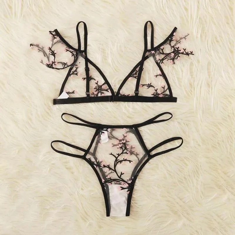 

Sexy lingerie set Three-point embroidery perspective bra Multicolor open back hollow lace underwear