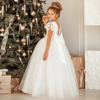 ivory lace flower girl dresses tulle purry princess dress short sleeve kids baby dress bow net girl birthday frist communion