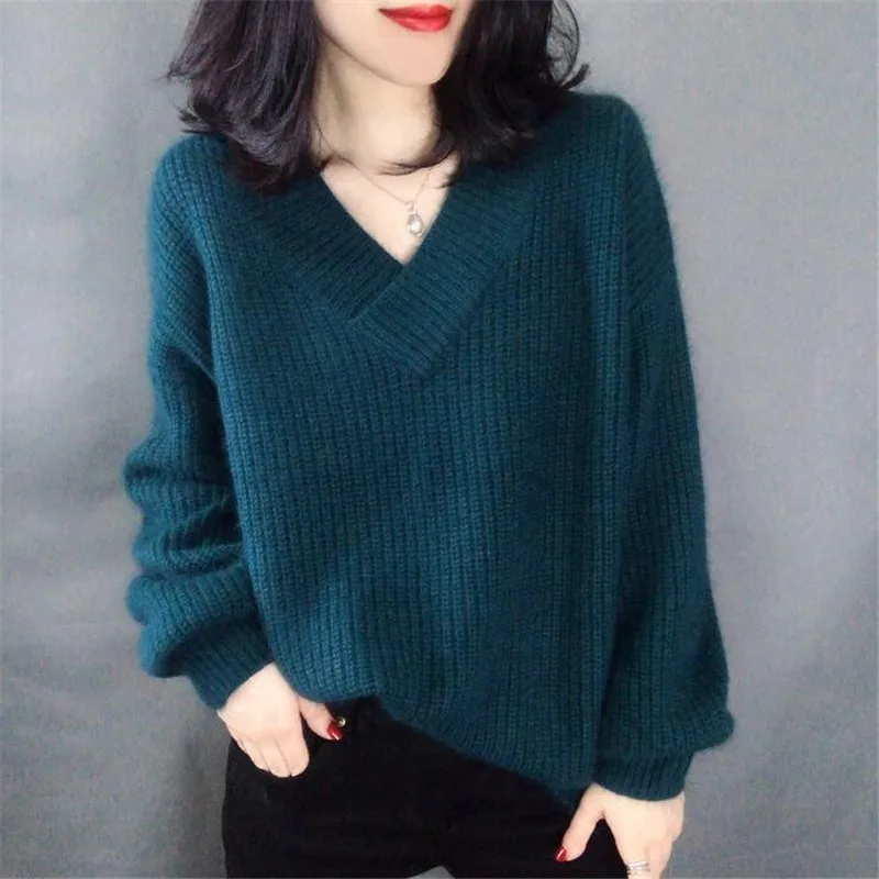 Autumn Winter Sweater Women solid Knitted Pullovers long sleeve tops V-neck office 2019 | Женская одежда