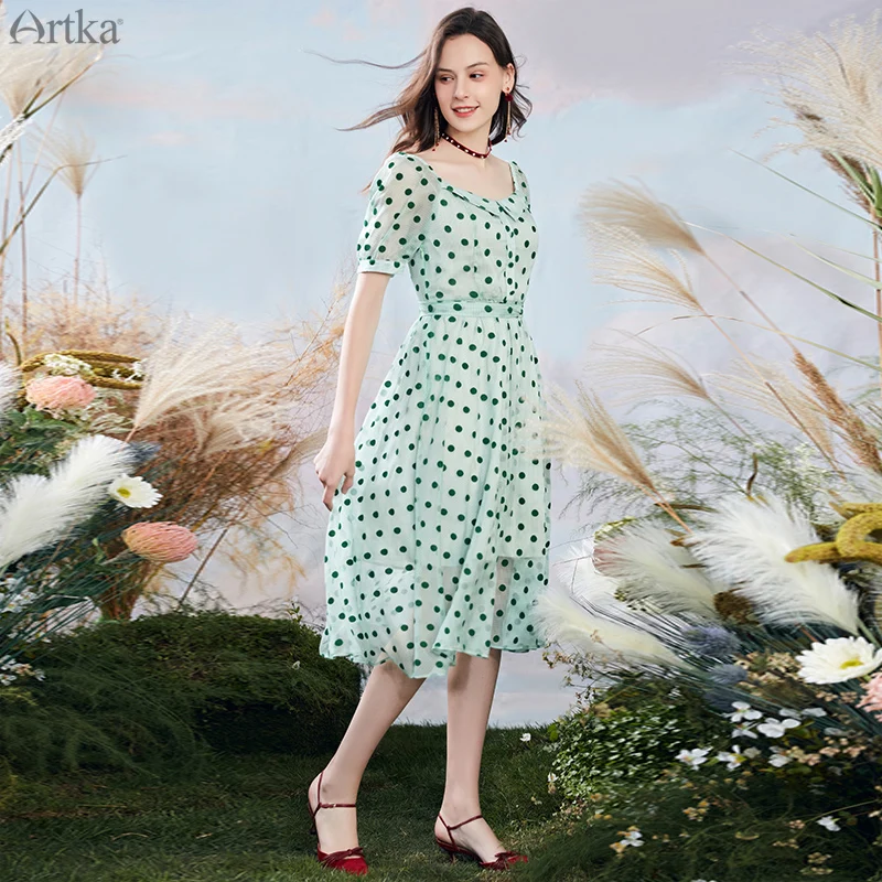 Платье ARTKA женское шифоновое с поясом винтажное длинное французское платье в