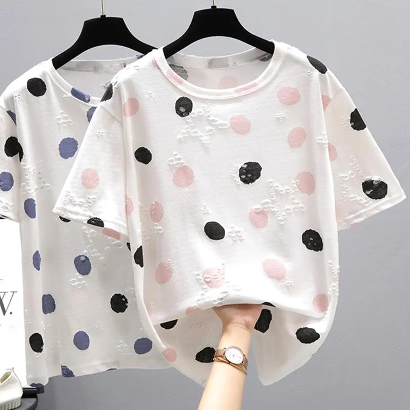 

Plus Size T-Shirt Women's 2021 Summer Cotton Short Sleeve Casual All-Match Polka Dot Tops Female Lady's Round Neck Tees