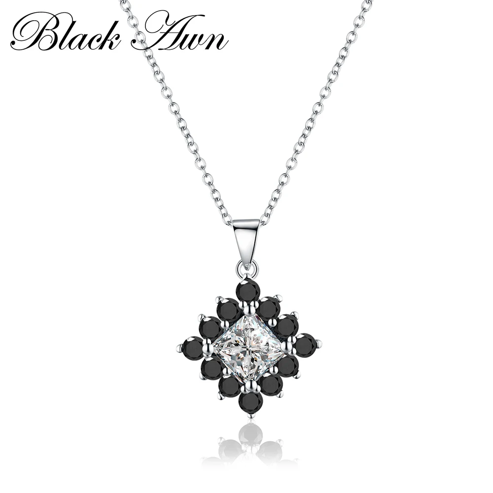 

[BLACK AWN] Silver Color Necklace for Women Square Black Spinel Necklaces Pendants Fashion Jewelry P004