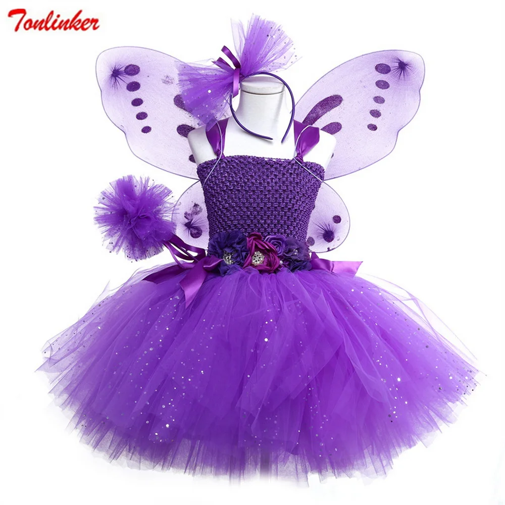 Disfraz de hada mariposa con lentejuelas para niñas, tutú de malla púrpura para fiesta de cumpleaños, Halloween, Cosplay