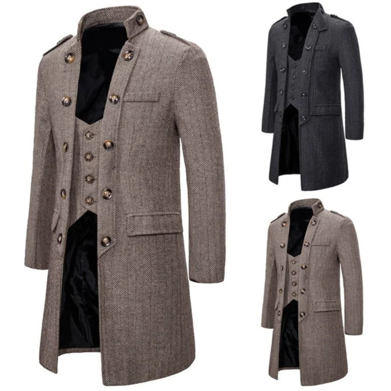 New men's woolen coat European American denim style long male fake two-piece windbreaker casaco masculino invern abrigo hombre