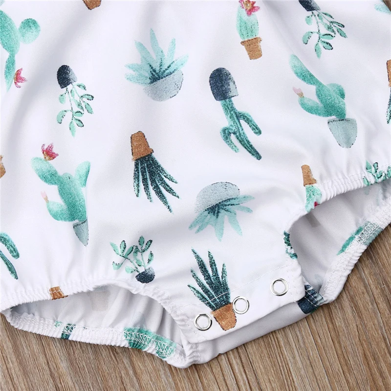 

Cute Summer Toddler Baby Girl Ruffle Cactus Print Romper Backless Jumpsuit Headband Outfits Baby Girls Clothes Set