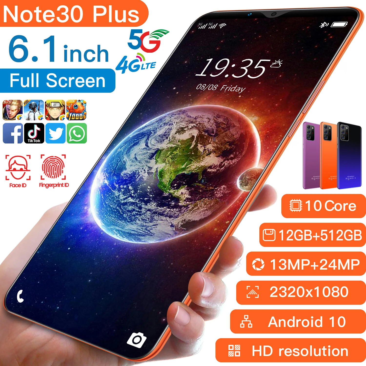 

2021 Global Version Note30 Plus Cellphones 6.1 Inch 12GB+512GB 4800Amh Andriod 10 Network Phone 10 Core Face Unlock Smartphones