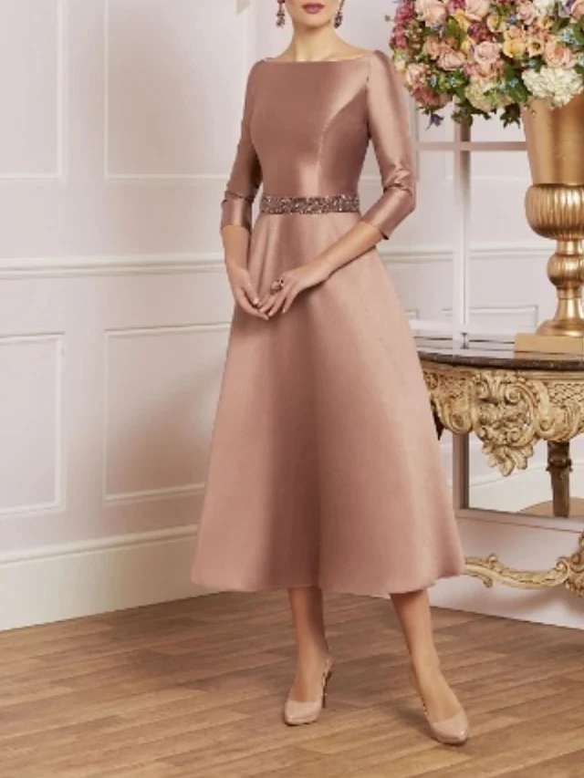

Mother of the Bride Dress Plus Size Elegant Vintage Jewel Tea Length Satin 3/4 Sleeve Groom Party Gown Vestidos De Noiva