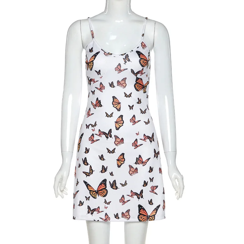 

Butterfly Animal Print Spaghetti Strap Pencil Dress Women 2020 Summer Bodycon Backless Ladies Party Mini Dresses
