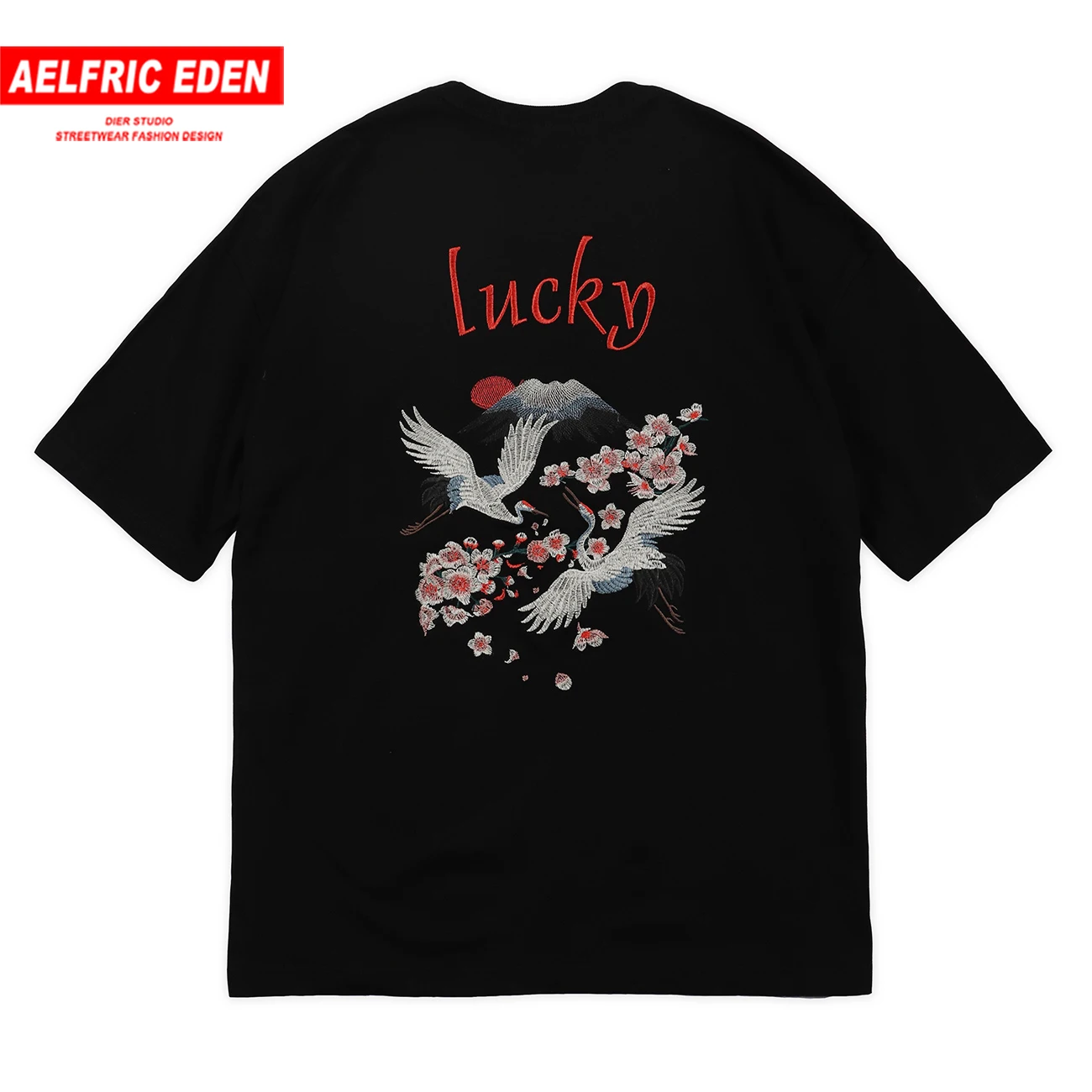 Футболка с вышивкой журавлей уличная Мужская футболка в японском стиле