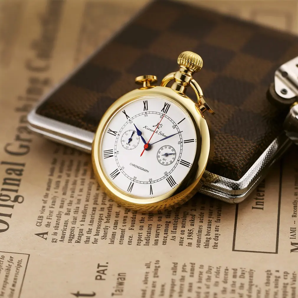 

KS Retro Golden Carving Case Stopwatch Function Roman Numerals Clip Fob Chain Men Quartz Movement Pocket Watches Jewelry /KSP091