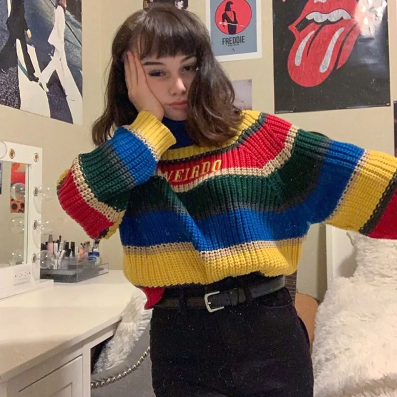 Y Demo Повседневный цветной свитер в полоску Женский вязаный пуловер с высоким