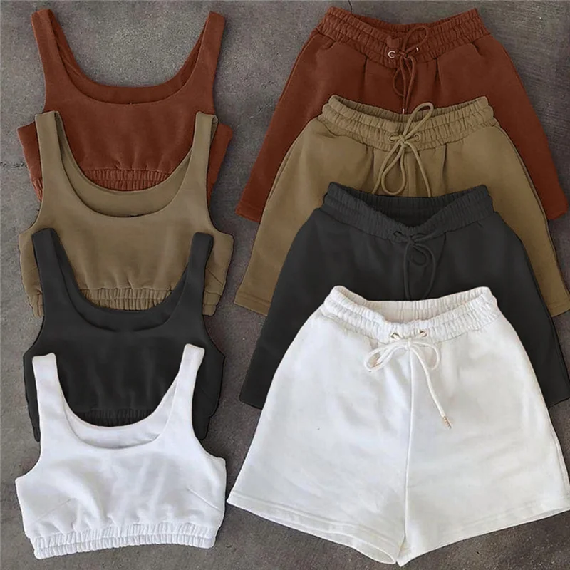 

2 piece set Women Shorts And Top Outfits 2021 Summer New Lady Jogger Gym Biker Shorts Matching Set Female Tracksuit Wholesale