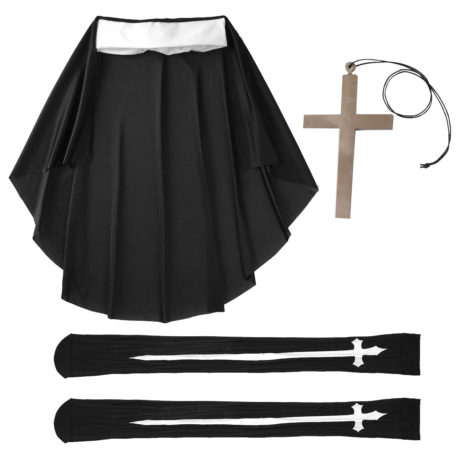 

Halloween Nun Cosplay Costume Church Nun Hat Cross Necklace with Silk Socks Sets for Fancy Carnival Party Rolepaly Accessories