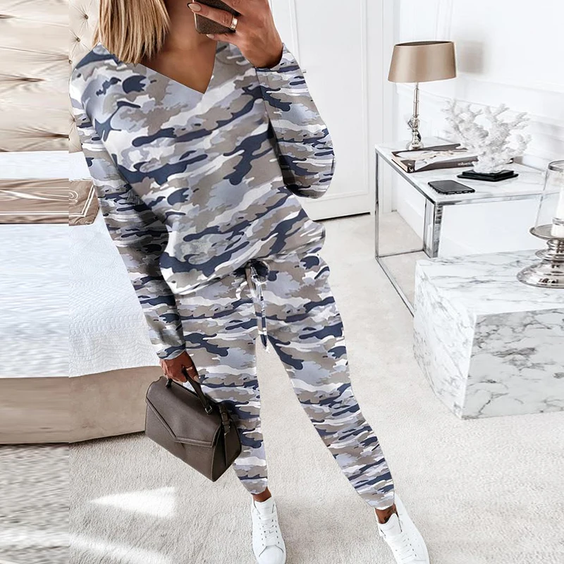 

Women Elegant V-Neck Two Piece Set Casual Patchwork Top And Sport Pants Suits Lady Spring Long Sleeve Loose Drawstring Pants Set