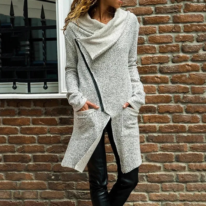 

2019 зимнее пальто, женская одежда, длинное пальто с Диагональной молнией, Женское пальто с лацканами, однотонная приталенная куртка с длинны...