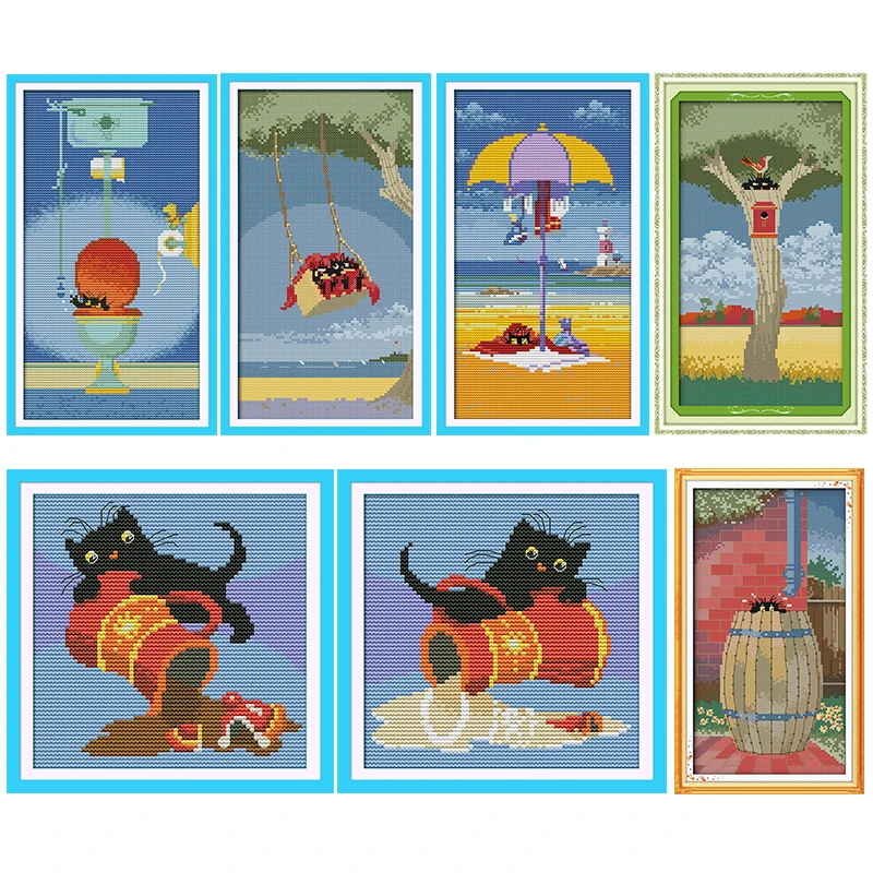 

Black Cat Joy Sunday Stamped Cross Stitch Kit Patterns Printed 14CT 11CT Print Counted Handmade Embroidery Needlework Home Decor