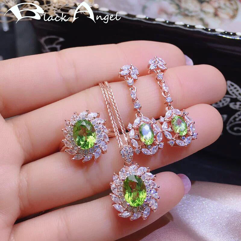 

BLACK ANGEL 2020 New Luxury Olivine Emerald Fashion Jewelry Set 925 Silver Drop Earrings Necklace Ring For Women Christmas Gift