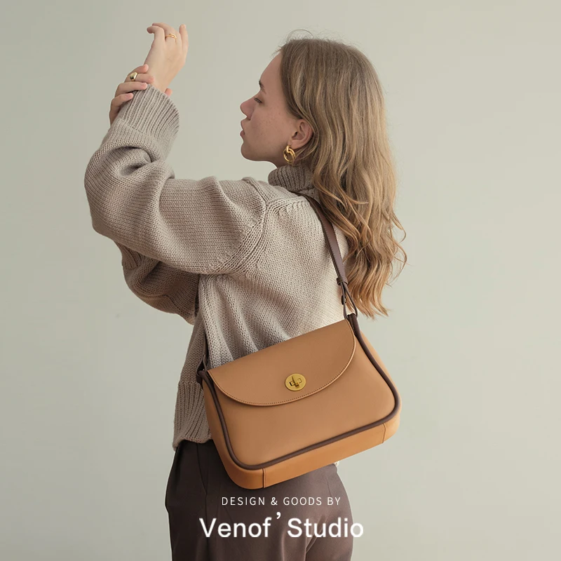 

New Leather Single Shoulder Bag For Women Panelled Wide Straps Female Designer Cowhide Crossbody Dating Commuter Message Bags