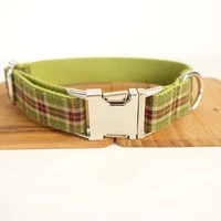 customized dog collar engraved puppy id tag leash collar set adjustable outdoor plaid pet collar leash fabric green plaid