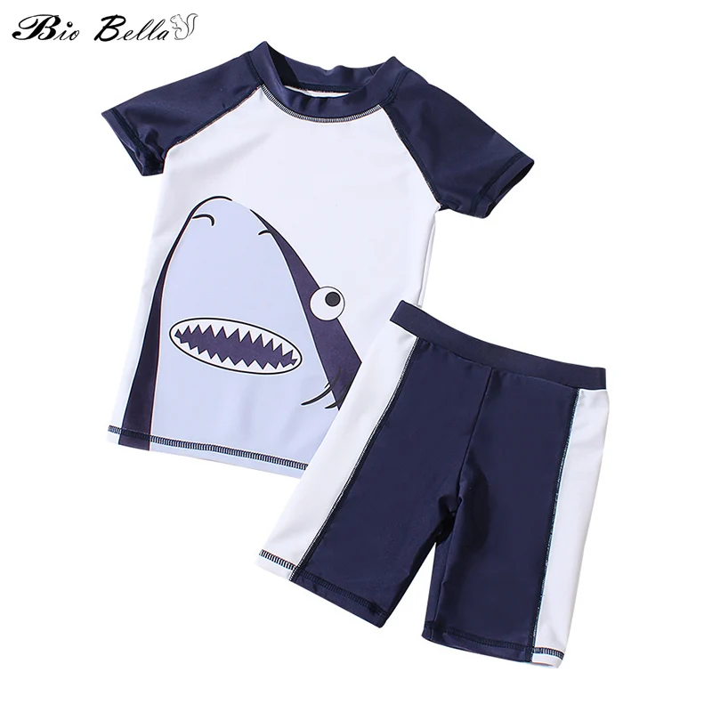 

Toddler Kids Boys Swimwear Cute Animal Shark Printed Fashion Striped Short Sleeve Swimwear Swimsuit Summer Outfits Set