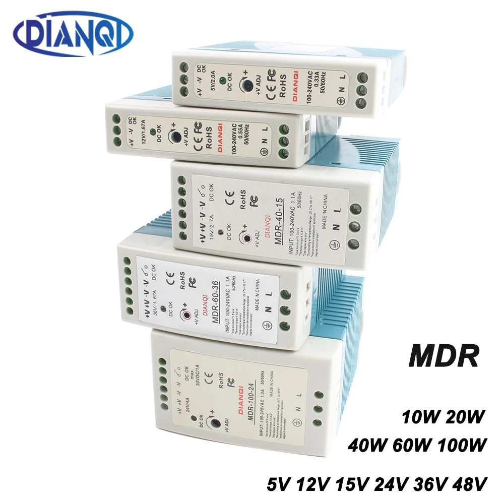 

High quality din rail power supply switch 10W 20W 40W 60W 100W output 5V 12V 15V 24V 36V 48V DIANQI Switching MDR-60 MDR-40