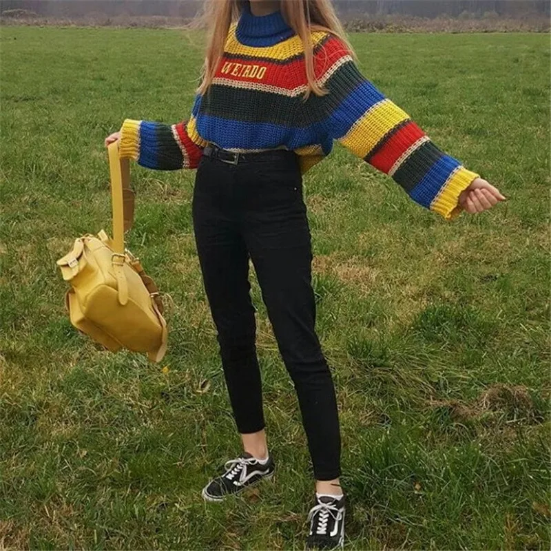 Осень каваи Радуга Разноцветные полосатый водолазка pull femme sweter вышивка вязаный свободный короткий укороченный свитер для женщин