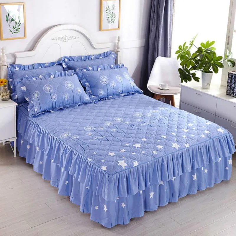 

Thicken 3pcs Set Bedspread Romantic Floral Printing Bed Skirt Sheet Covers King/Queen Bedding Set Ruffle Textile 3pcs Set J8064