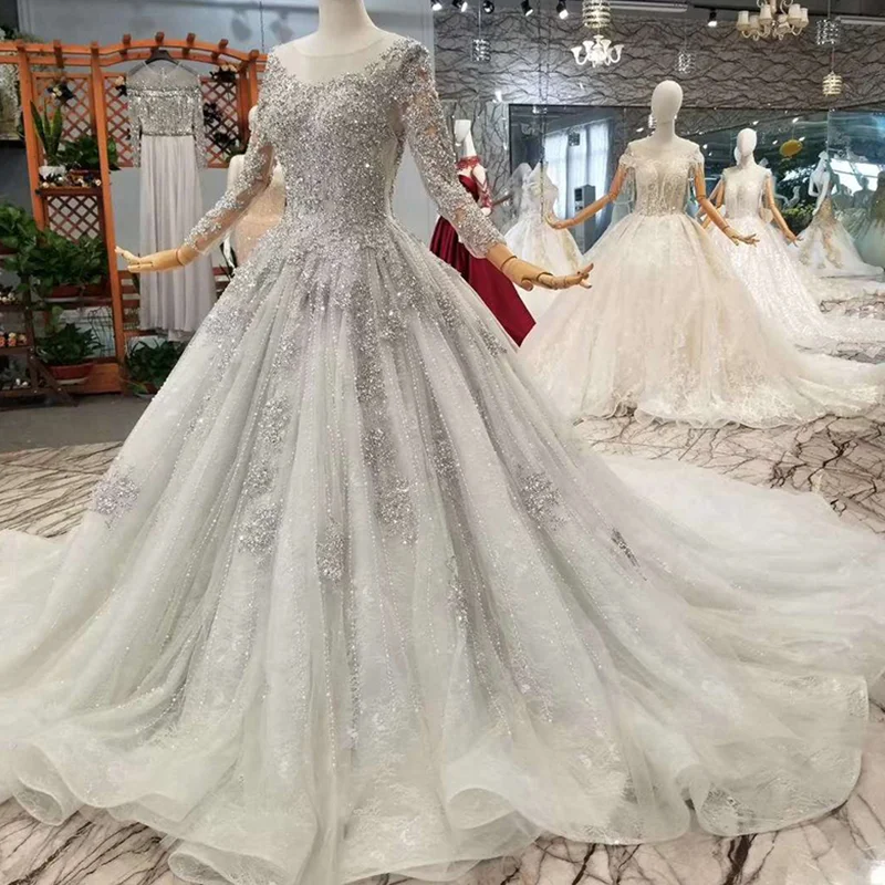 Вечерние платья LS701645 серого цвета с длинным рукавом и круглым вырезом платье для