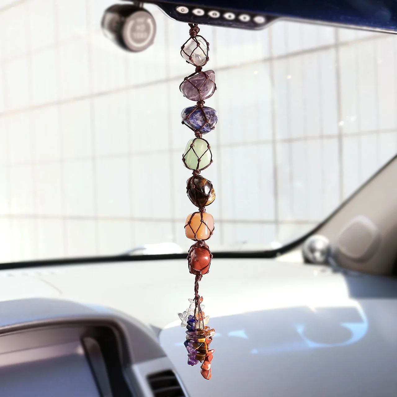 

Reiki Healing 7 Chakra Tumbled Gemstone W Tassel Spiritual Meditation Window Car Hanging Ornament Feng Shui Home Decor